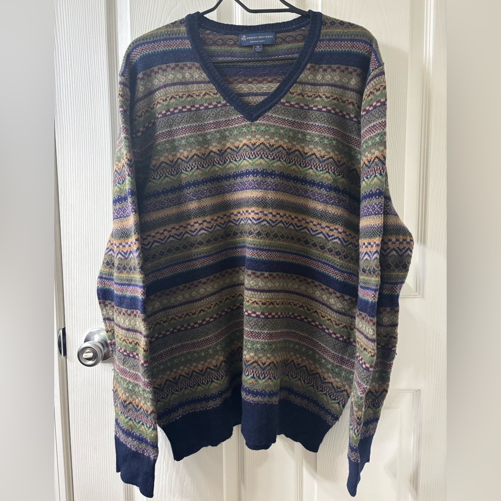 Brooks Brothers Mens V Neck Sweater Italian Yarn Fair Isle Merino Wool Size XL